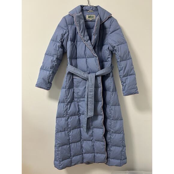 REI Vintage Goose Down Long Jacket Coat Trench Blue Quilted Puffer Medium Womens - Picture 1 of 10